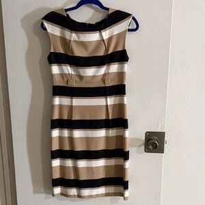 Elegant Striped Dress - Black, White, Tan